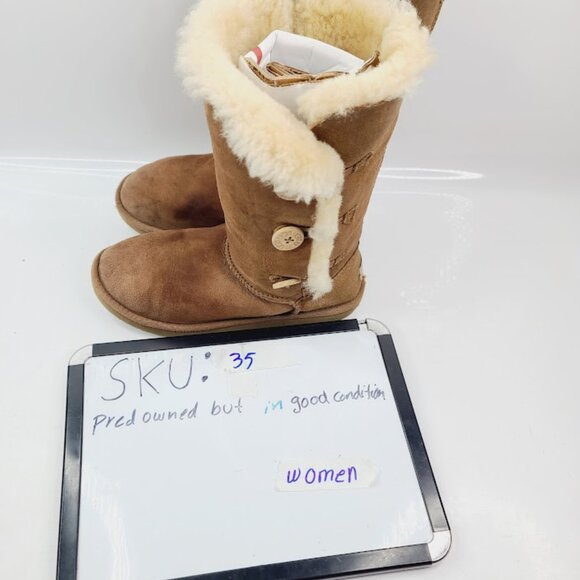 UGG Girl's Tan Bailey Button Triplet 1962 Sheepskin Fur Mid-Calf Snow Boot Sz 4 - Picture 7 of 7